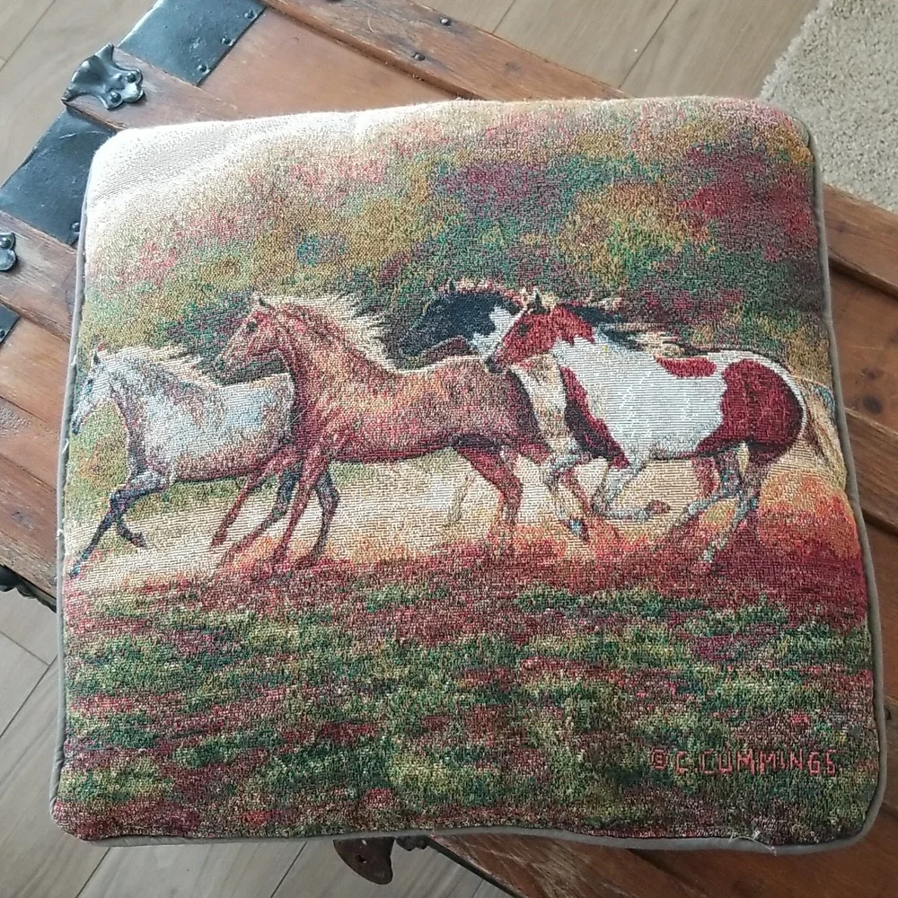 Vintage C. Cummings Wild Horses Tapestry Pillow